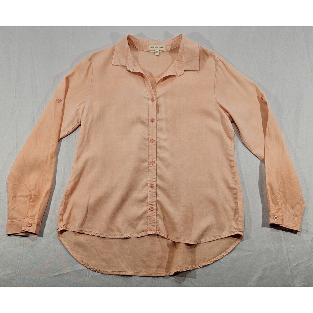 Cloth & Stone Anthropologie Tencel Blouse L Peach Roll Tab Button Down Shirt